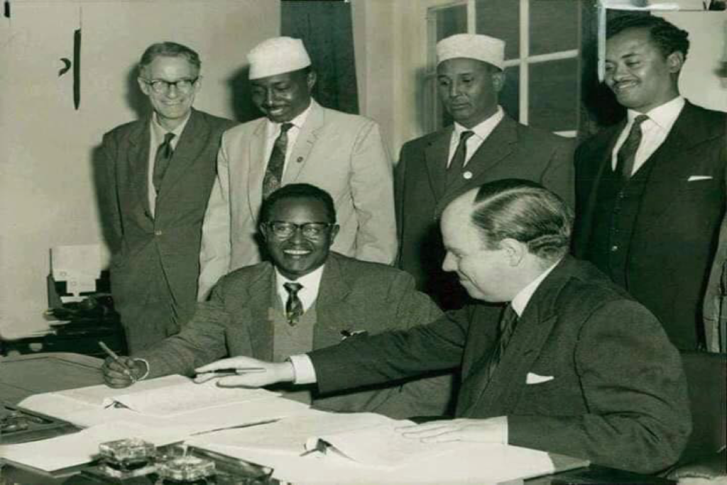 The Somaliland Protectorate Constitutional Conference, London, May 1960 in which it was decide that 26 June be the day of Independence, and so signed on 12 May 1960. Somaliland Delegation: Mohamed Haji Ibrahim Egal, Ahmed Haji Dualeh, Ali Garad Jama& Haji Ibrahim Nur. From the Colonial Office: Ian Macleod, D. B. Hall, H. C. F. Wilks (Secretary)